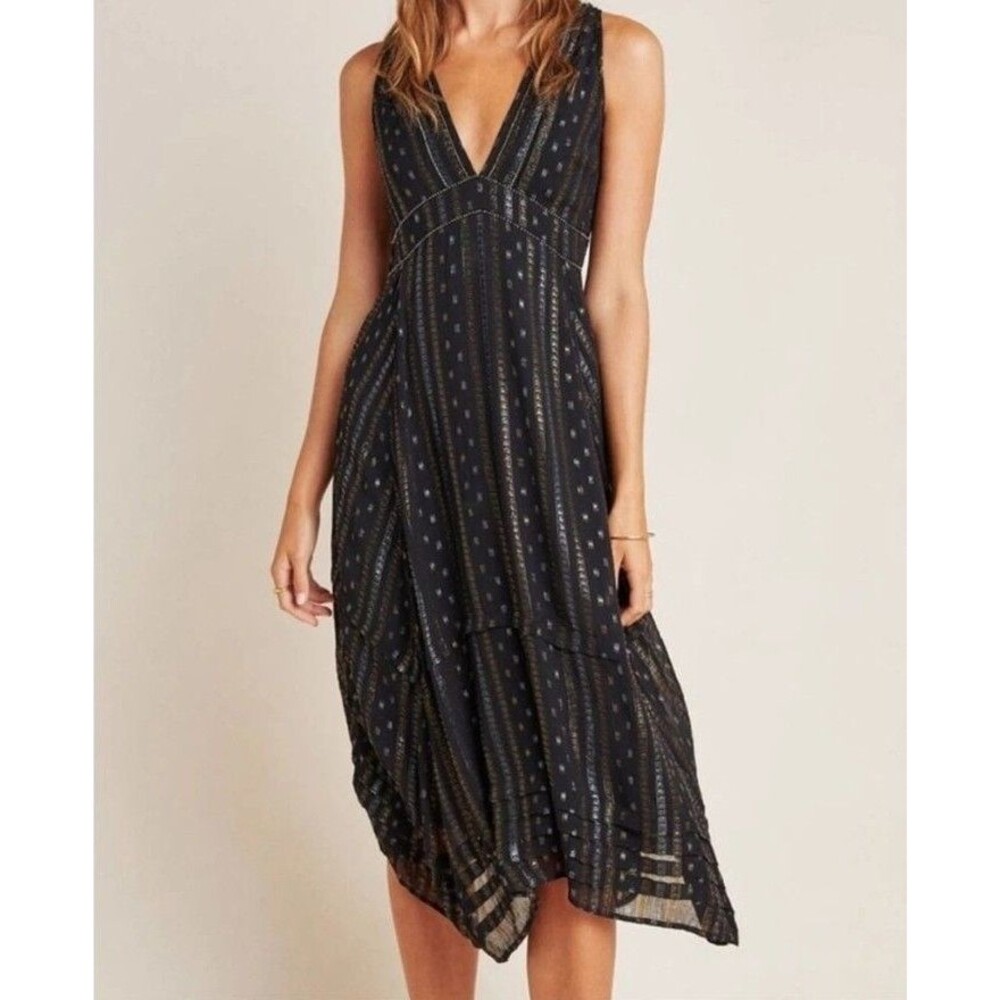 NWT By Anthropologie Size 2 Endora Midi Dress Black Multi Cocktail Party *Flaw